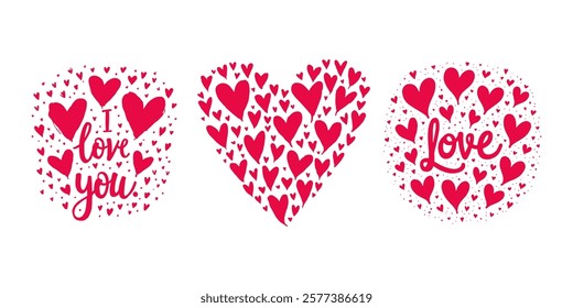 Three romantic heart designs with red hearts and love messages on a white background, perfect for expressing affection and love concepts. Valentine's day, wedding illustration.