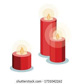 Three romantic red candles vector illustration in flat style. Good new year, Christmas or Valentines day date invitation card, sticker design