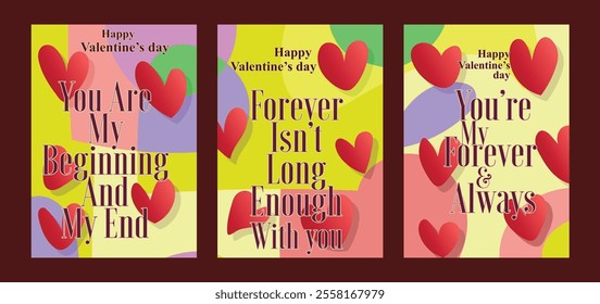 Three Romantic Valentine Templates with Vibrant Pastel Art. A set of Valentine’s Day greeting card with sample text, red hearts and abstract backgrounds templates vector illustration. 