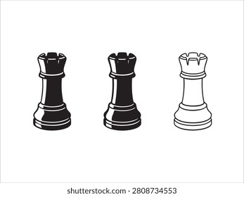 Three rook chess pieces in black and white on white background
