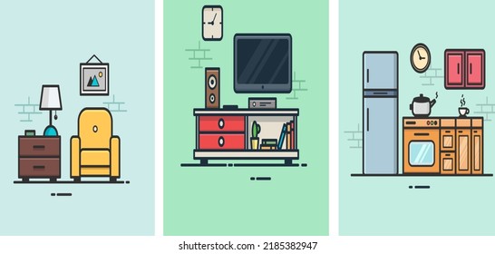 tres habitaciones en una ilustración de un vector fotográfico con un bonito diseño