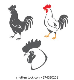 Three rooster icons: head and two silhouettes