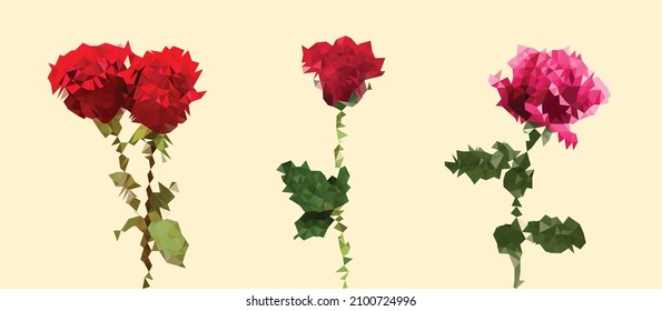 Tres flor de rosa con triángulo de tallo de baja polilla geométrica vectorial aislado de ilustración estilizada