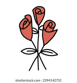 Three roses bouquet doodle vector illustration.