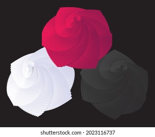 Three roses. Dotted Halftone Vector Spiral Pattern or Texture. Stipple Dot Background