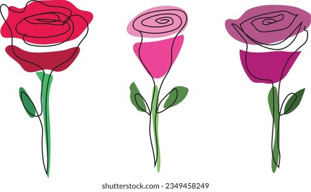 Three roses drawn digitally in a single line method, a pink rose, a red rose, and a purple rose