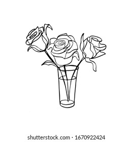 Three roses in a glass s hand drawn roses . Vector doodle outline illustration isolated. Coloring book page, web, journal.