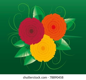 Three roses on green background.