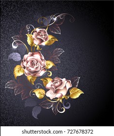 Three roses in pink gold with gold leaves on black textured background.