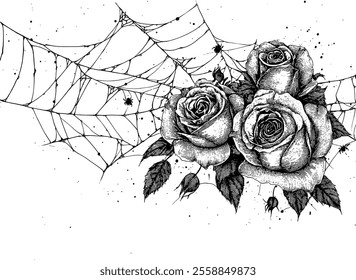 Three roses with spider web illustration of a classic tattoo that can be used as a print on a t-shirt or sticker