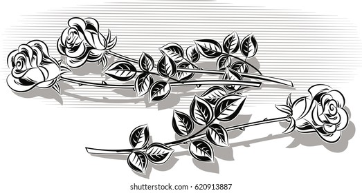 Three roses with their stem and leaves, resting on a floor.