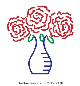 Three roses in vase sign. Image of floral. Color icon isolated on white background. Bloom flower symbol. Logo for romantic. Florist content. Mark of blossom. Stock vector illustration