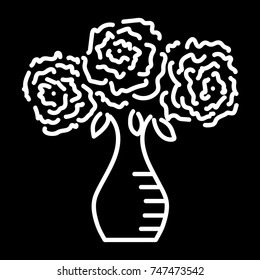 Three roses in vase sign. Image of floral. Monochrome icon isolated on black background. Bloom flower symbol. Logo for romantic. Florist content. Mark of blossom. Stock vector illustration