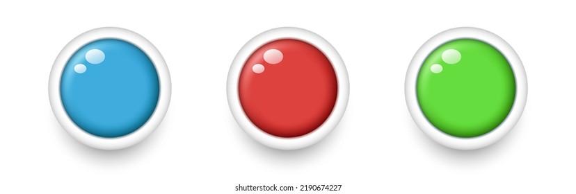 Tres botones redondos en blanco. Botones verdes, azules y rojos. Ilustración vectorial 3d aislada en fondo blanco.	