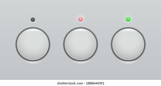 Three round buttons with color indicators set. Chrome circle collection with black, pink, green lights vector illustration. Shiny glossy control panel template on grey background.