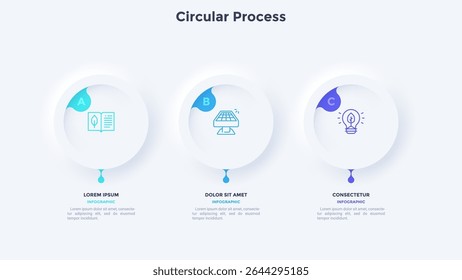Three round buttons placed in horizontal row. Concept of 3 successive stages of business project development process. Neumorphic infographic design template. Modern vector illustration for banner.