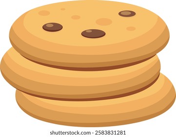 Three round chocolate chip cookies stacked together, embodying themes of bakery delights, sweet indulgence, and tasty treats perfect for dessert or snack time