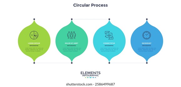 Three round colorful elements with linear symbols inside, connected with linear elements and text boxes. Concept of 3 steps to business growth. Infographic design template. Vector illustration.