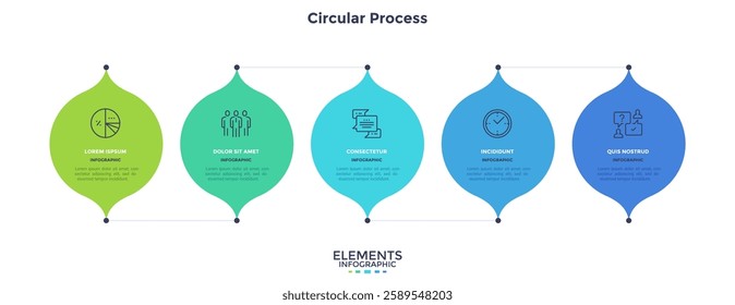 Three round colorful elements with linear symbols inside, connected with linear elements and text boxes. Concept of 3 steps to business growth. Infographic design template. Vector illustration.