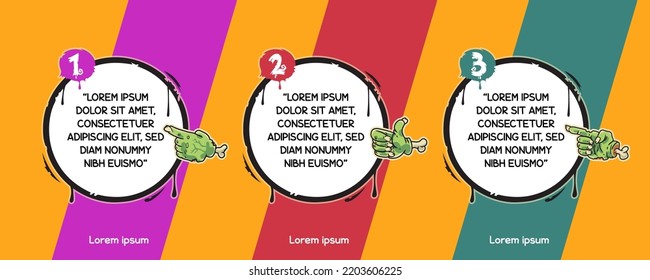 Three Round Copy Space with Zombie Hands. Colorful Banners Set. Spooky vector clipart set makes it quick and easy to customize your marketing projects.