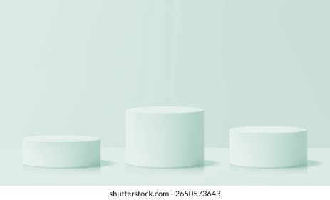 Tres podios redondos de la exhibición en un fondo azul claro para la promoción del producto. Etapas vacías del cilindro para la demostración cosmética.