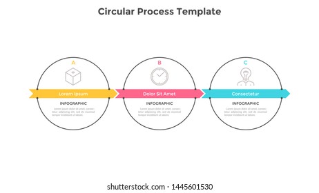 Three round elements placed in horizontal row and connected by arrows. Concept of 3 stages of business development. Simple infographic design template. Vector illustration for progress bar, banner.