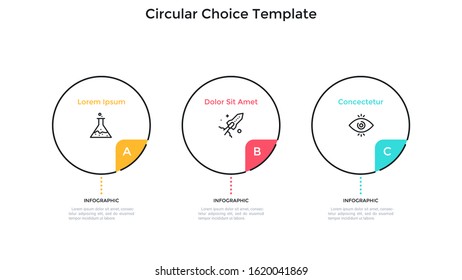 Three round elements placed in horizontal row. Concept of 3 features of startup project to choose. Simple infographic design template. Flat vector illustration for business information visualization.