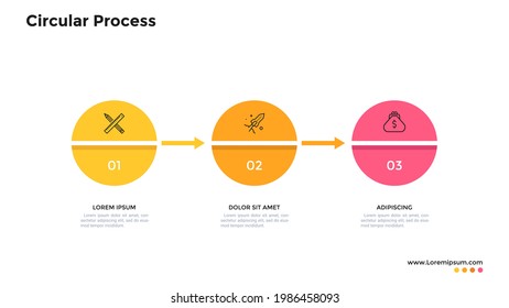 Three round elements placed in horizontal row and connected by arrows. Concept of 3 steps of business project. Simple infographic design template. Modern vector illustration for data visualization.
