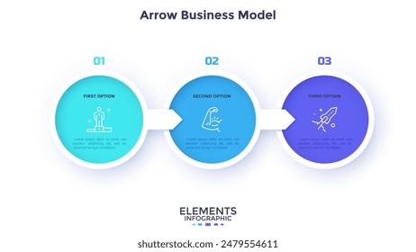Three round elements placed in horizontal row and connected by arrows. Concept of 3 successive stages of business career development. Modern flat vector illustration for data analysis, presentation.
