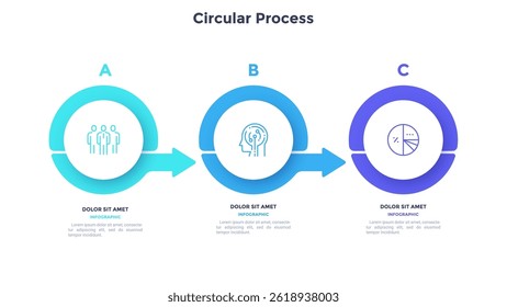 Three round elements placed in horizontal row and connected by arrows. Concept of 3 successive stages of business career development. Modern flat vector illustration for data analysis, presentation.