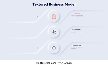 Three Round Elements Placed In Vertical Row. Concept Of List Of 3 Features Or Options Of Business Project. Neumorphic Infographic Design Template. Modern Vector Illustration For Presentation.