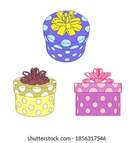 Three round gift boxes with big bow from different angles. Vector
