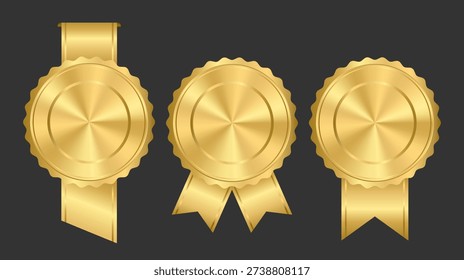 Three round gold award mockup, golden medal template with gold silk ribbon for warranty, star shape guarantee badge, certification emblem, quality assurance seal isolated on dark background.