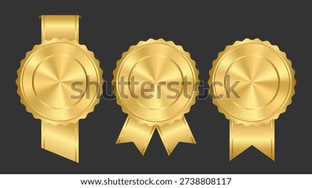 Three round gold award mockup, golden medal template with gold silk ribbon for warranty, star shape guarantee badge, certification emblem, quality assurance seal isolated on dark background.