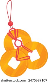 Three round gold coins connected red string form traditional Chinese lucky charm. Light yellow background emphasizes shiny gold coins, perfect new year, prosperity, hanging decoration. Illustration