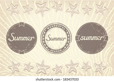 Three round grunge label with inscriptions for summer. Bonus summer beach with sand background. Vector eps 10 