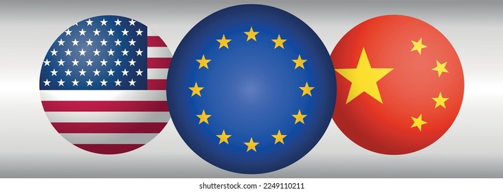 Tres íconos redondos con bandera de la unión europea en el centro y banderas chinas americanas en el vector lateral. concepto de relaciones de europa con socios