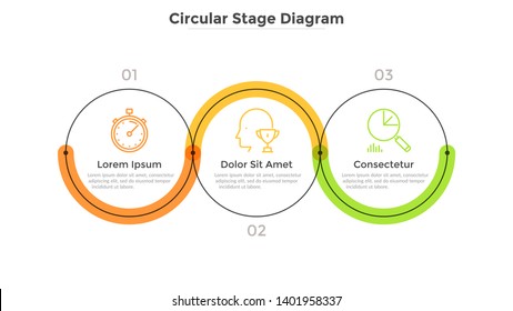 Three Round Links Connected Into Horizontal Chain. Concept Of 3 Stages Of Startup Development Plan Or Business Strategy. Linear Infographic Design Template. Modern Vector Illustration For Banner.