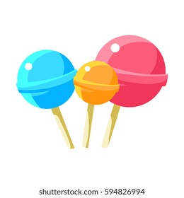 Three Round Lollyops Hard Candy On Stick, Fairy Tale Candy Land Fair Landscaping Element In Childish Colorful Design Isolated Object