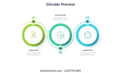 Three round paper white elements with linear symbols inside, translucent line curving around it and text boxes. Concept of 3 steps to business growth. Infographic design template. Vector illustration.