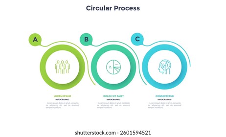Three round paper white elements with linear symbols inside, translucent lines curving around it and text boxes. Concept of 3 steps to business growth. Infographic design template. Vector illustration