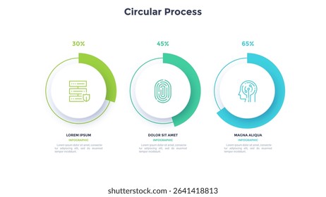 Three round paper white elements with pie charts, linear icons and text boxes. Concept of 3 steps to business growth. Infographic design template. Vector illustration.