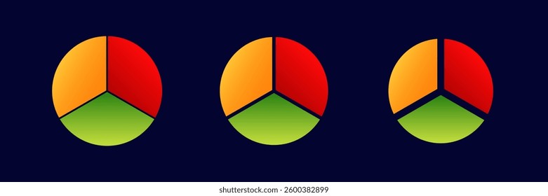 Three round pie charts with different sections in red, orange, and green. ideal for data presentation.
