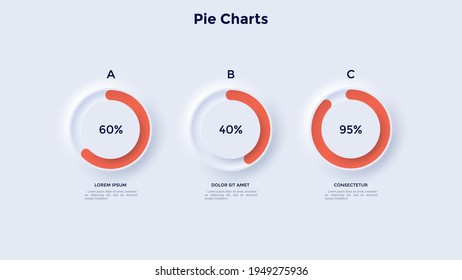Three round pie charts with percentage indication. Concept of comparison of 3 business projects completion progress. Neumorphic infographic design template. Modern vector illustration for banner.