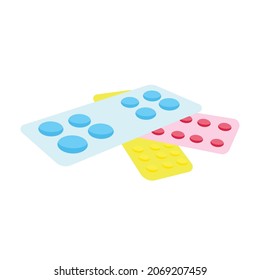 Three round pills of different colors, blue, yellow, and pink vector illustration