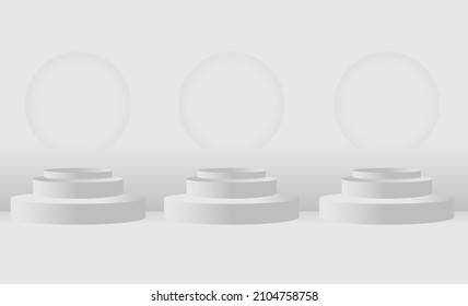 Three round podiums or pedestals on a minimal viewing platform. Can be used for product presentation, branding design. 3d empty podium. Advertising stands for product. Vector illustration