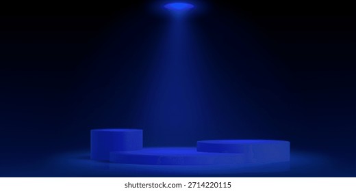 Three round podiums under spotlight on dark blue background. Vector realistic illustration of cylinder platforms for product presentation, winner award, sale promo design, luxury showroom studio