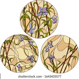 Three round stained glass windows, bamboo and irises flowers, in pastel colors