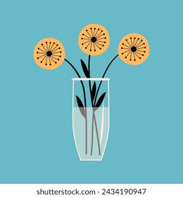 Three round yellow flower set bouquet. Glass vase with water. Flower in vase. Cute icon collection. Ceramic Pottery Glass decoration. Blue background. Flat design. Vector illustration