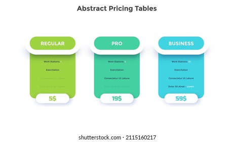 Three rounded pricing tables, application versions or subscription plans with list of features - professional, regular, business. Minimal infographic design template. Modern flat vector illustration.